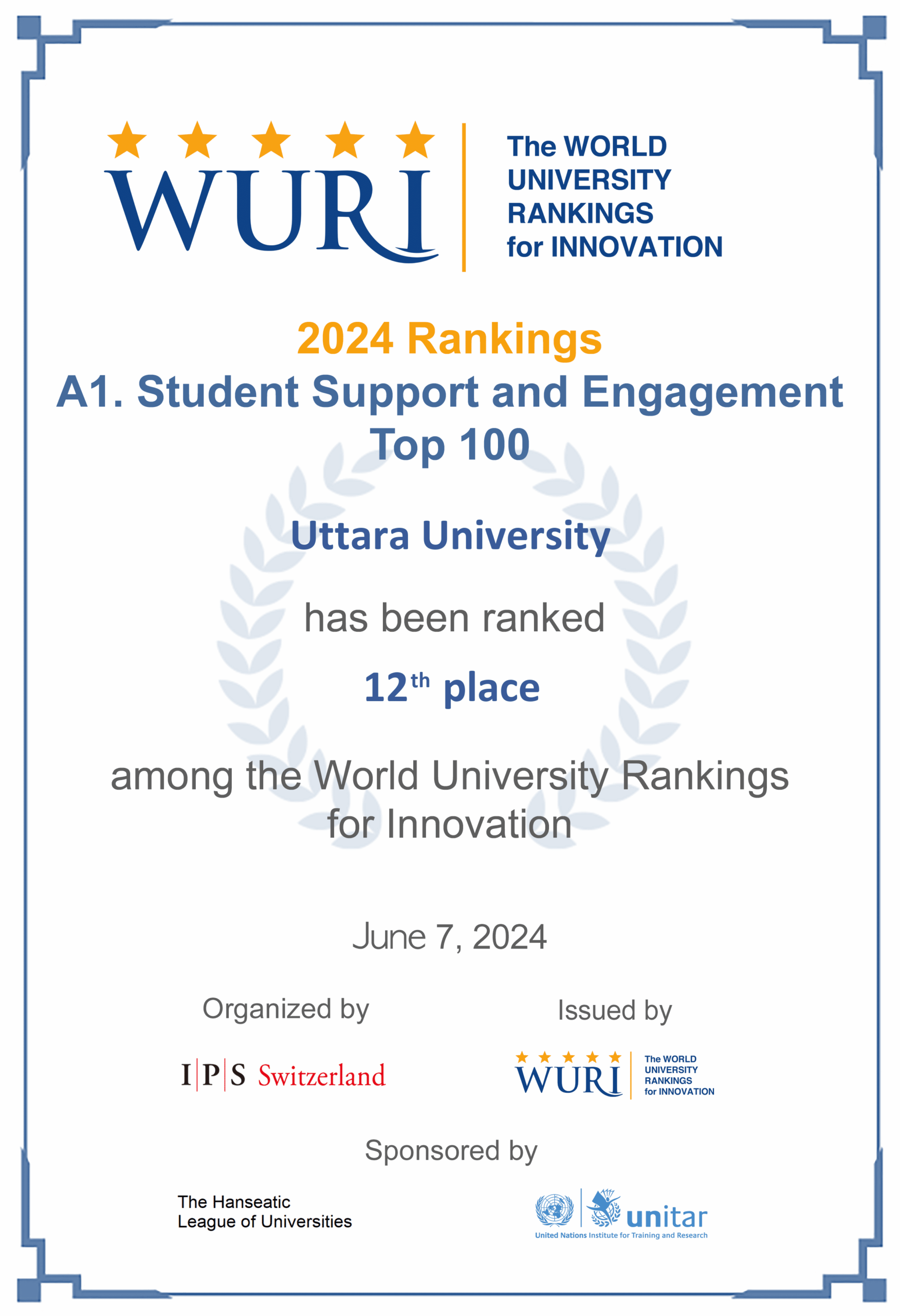 UU certificate Studen Support Engagement WURI Ranking 2024