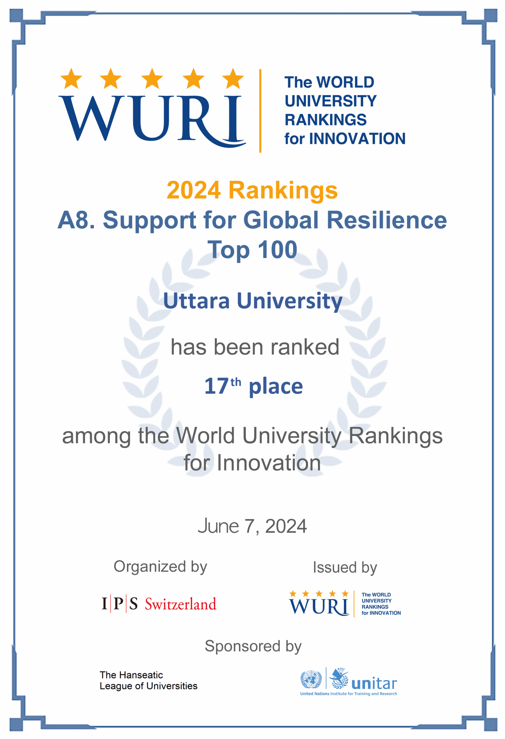 UU certificate Support for Global Resilience WURI Ranking 2024