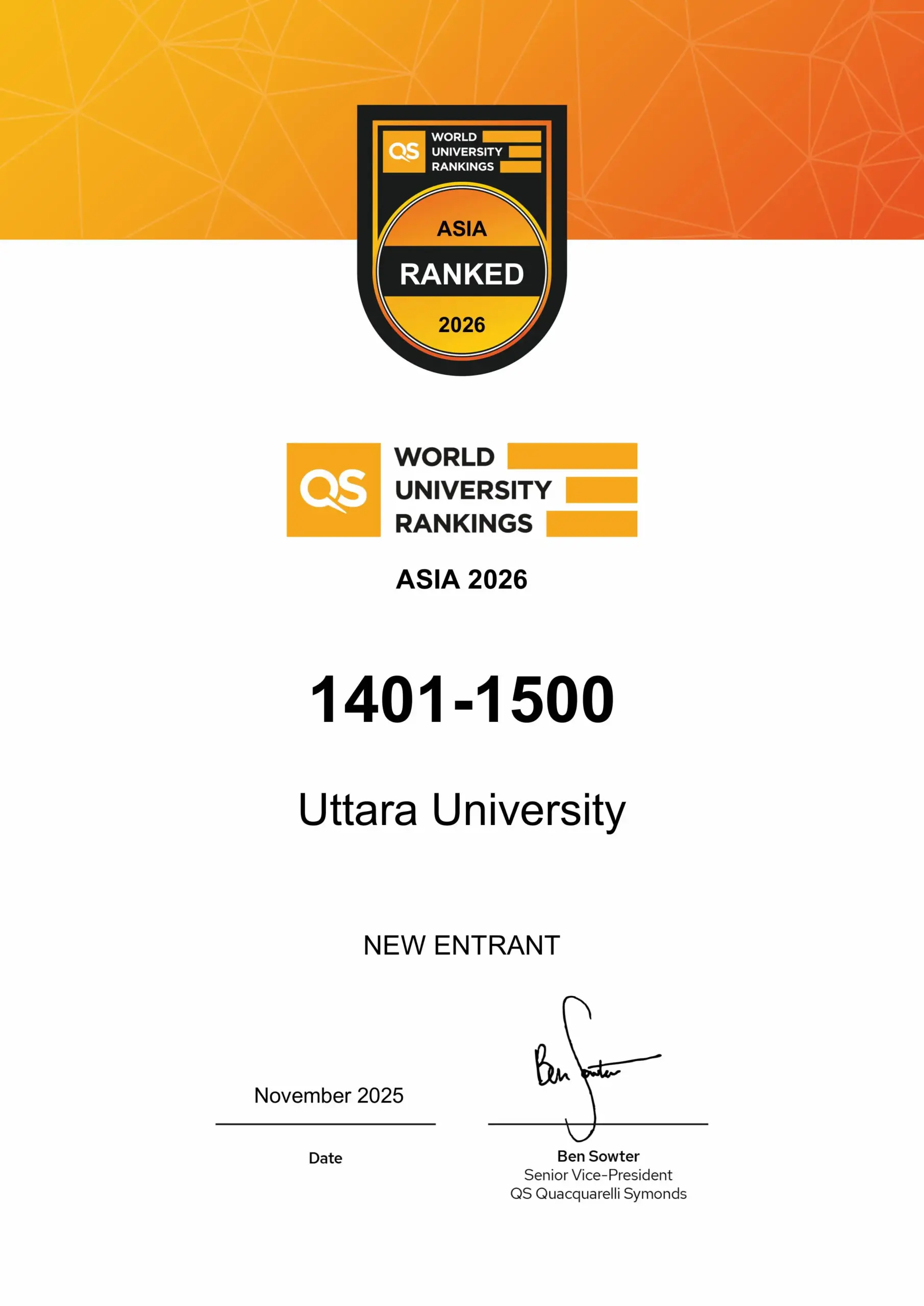 Qs World University Ranking Asia 2026 Uttara University Certificate