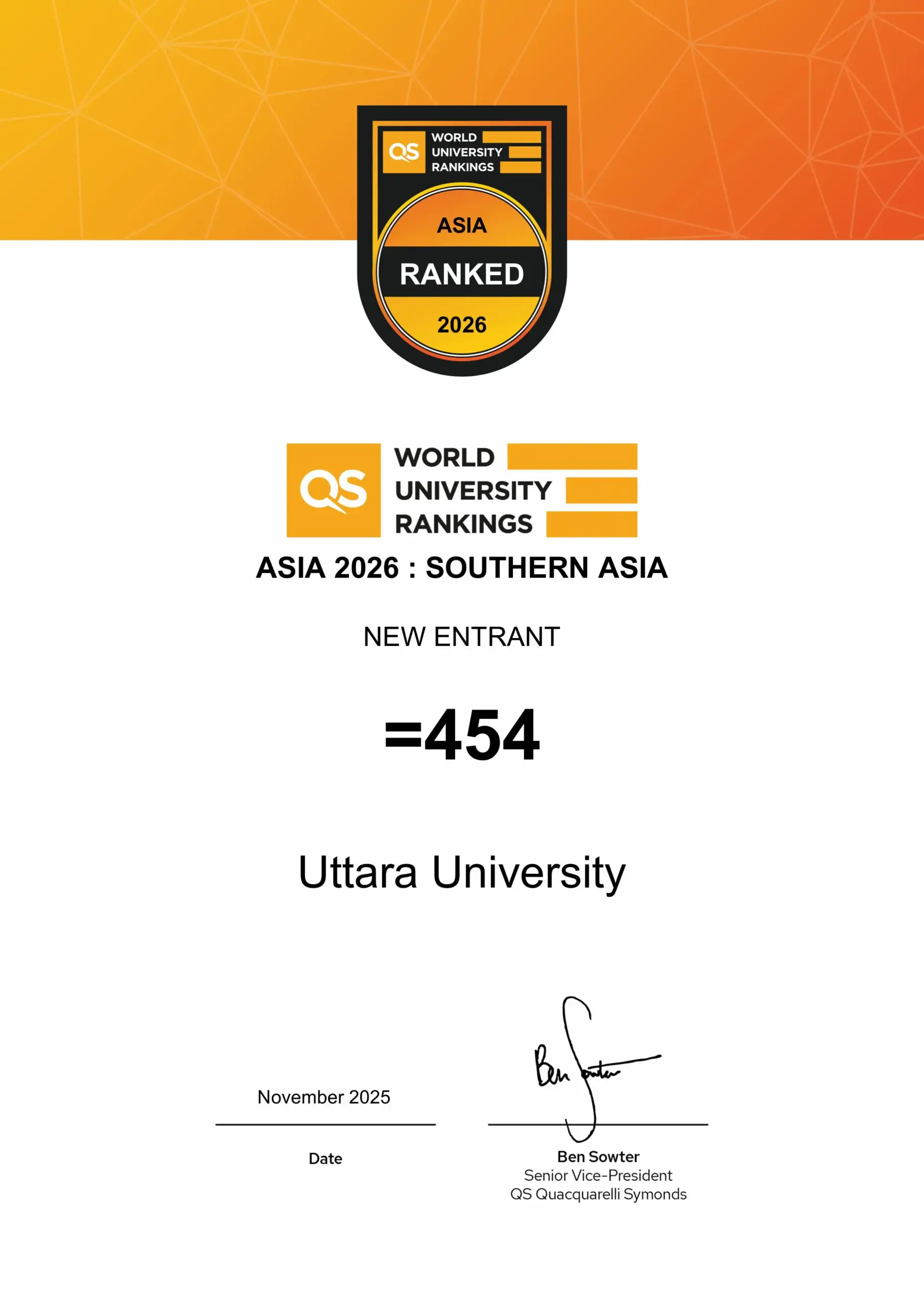 Qs World University Ranking Asia 2026 Uttara University Certificate