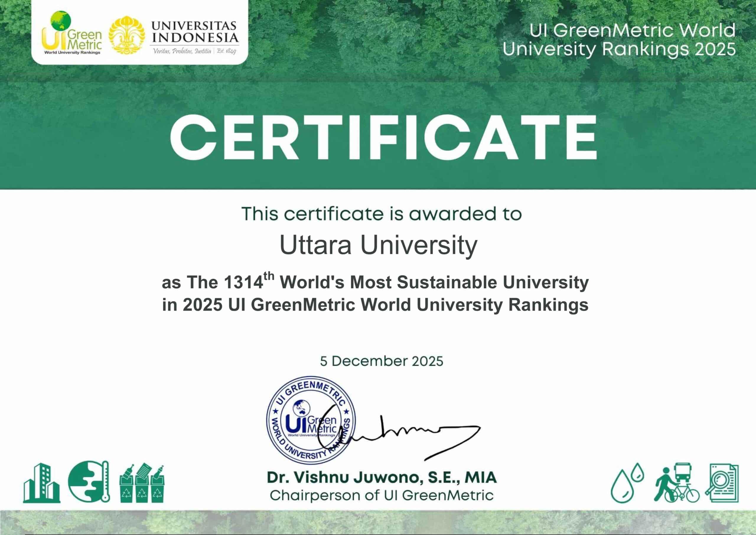 UI GreenMetric World University Rankings 2025 Uttara University Certificate