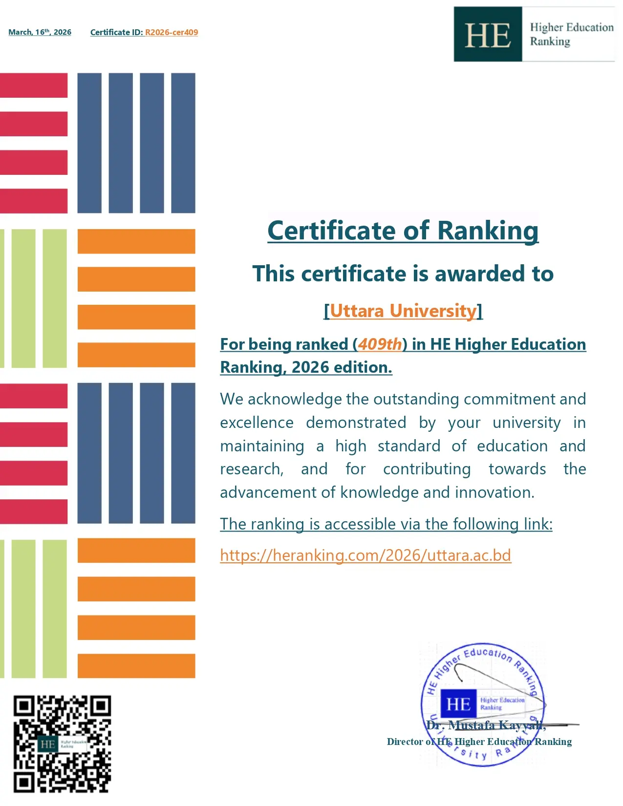 HE Higher Education Ranking 2026 Uttara University Certificate