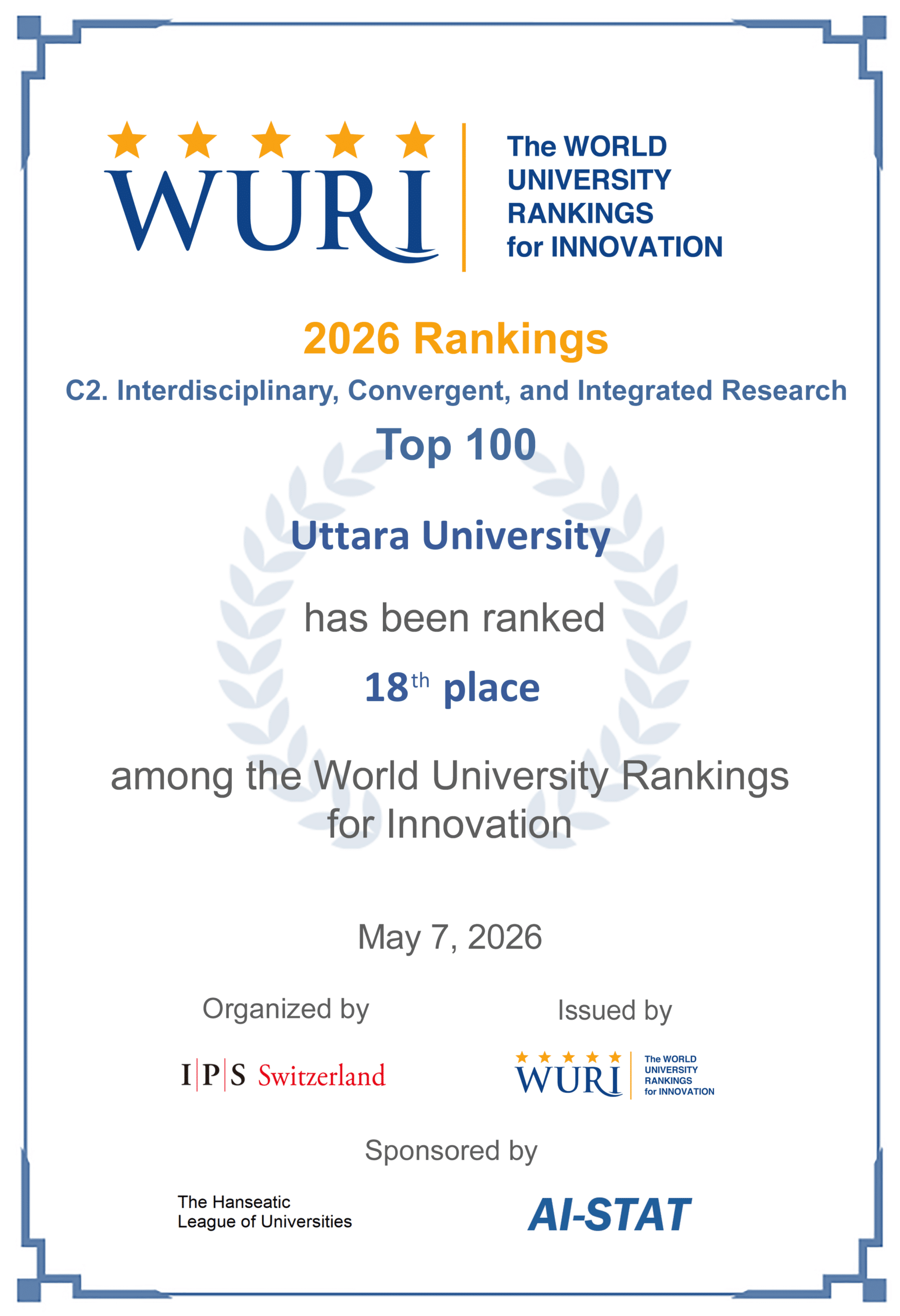 UU certificate Top 100 Interdisciplinary Convergent and Integrated Research WURI Ranking 2026