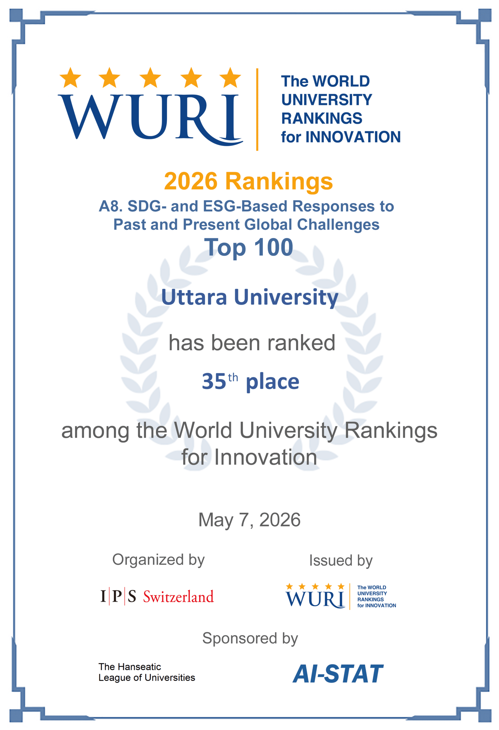 SDG- and ESG-Based Responses to Past and Present Global Challenges WURI Ranking 2026