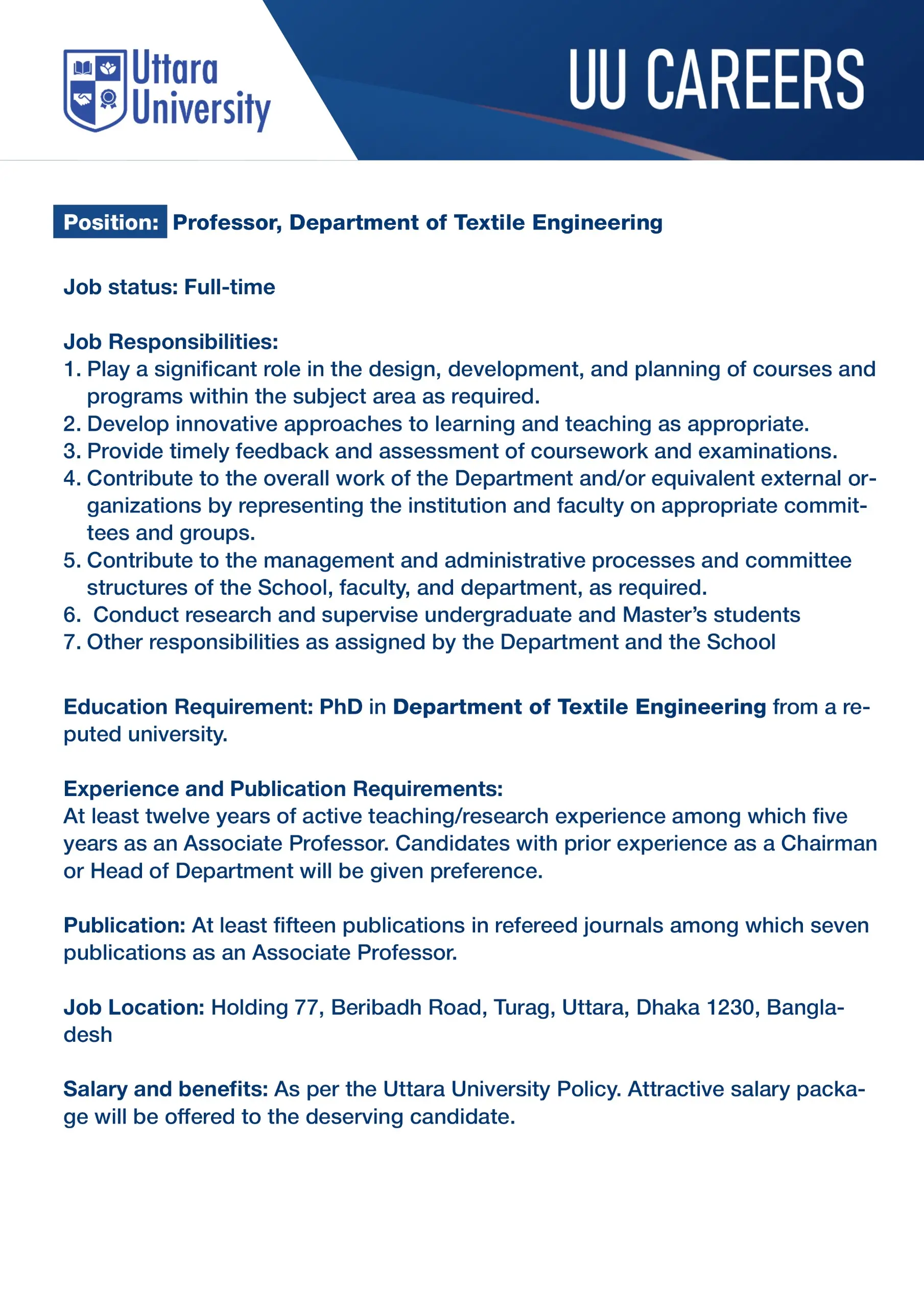 Professor, Department of Textile Engineering Hiring