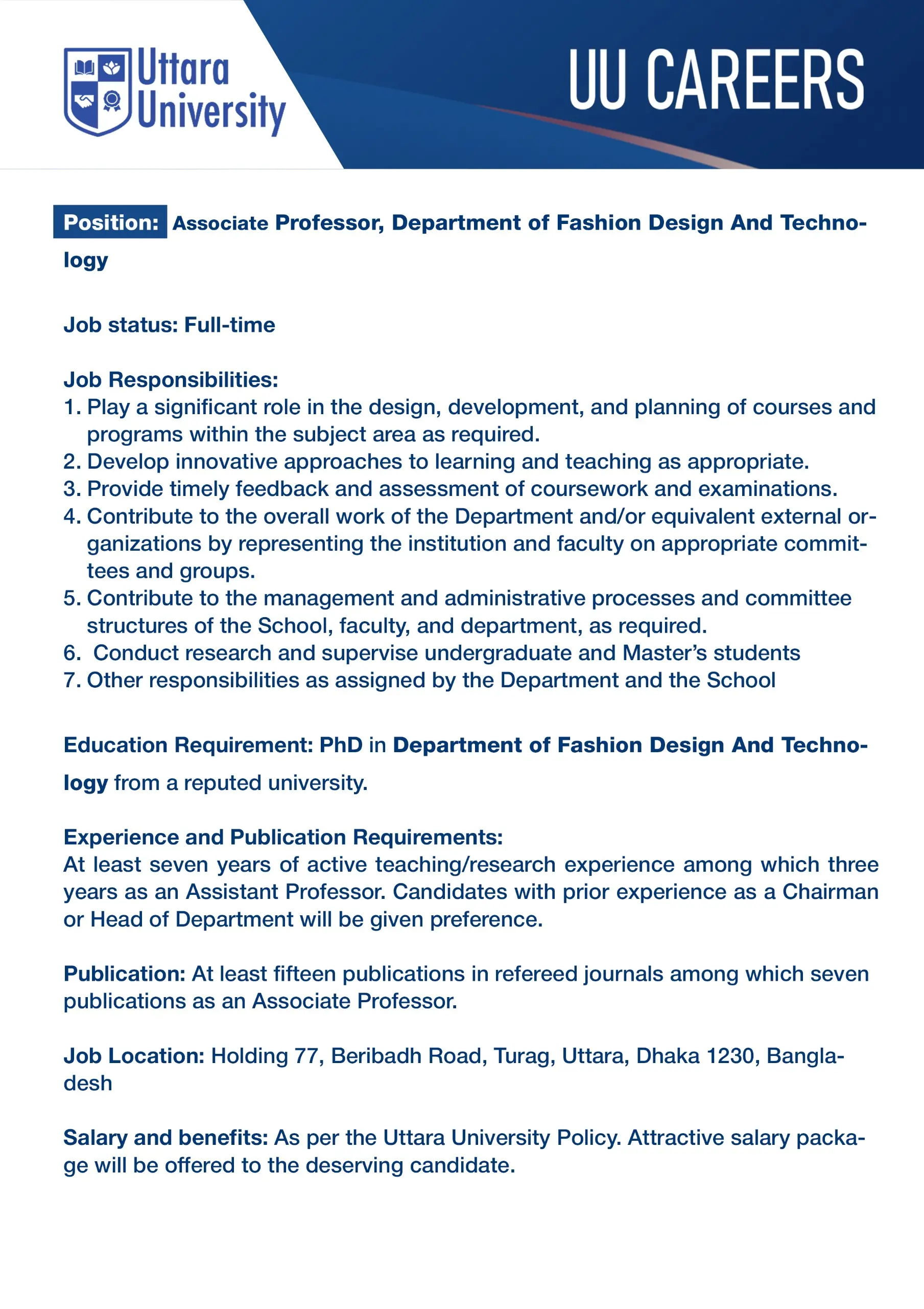 Associate Professor, Department of Fashion Design and Technology Hiring