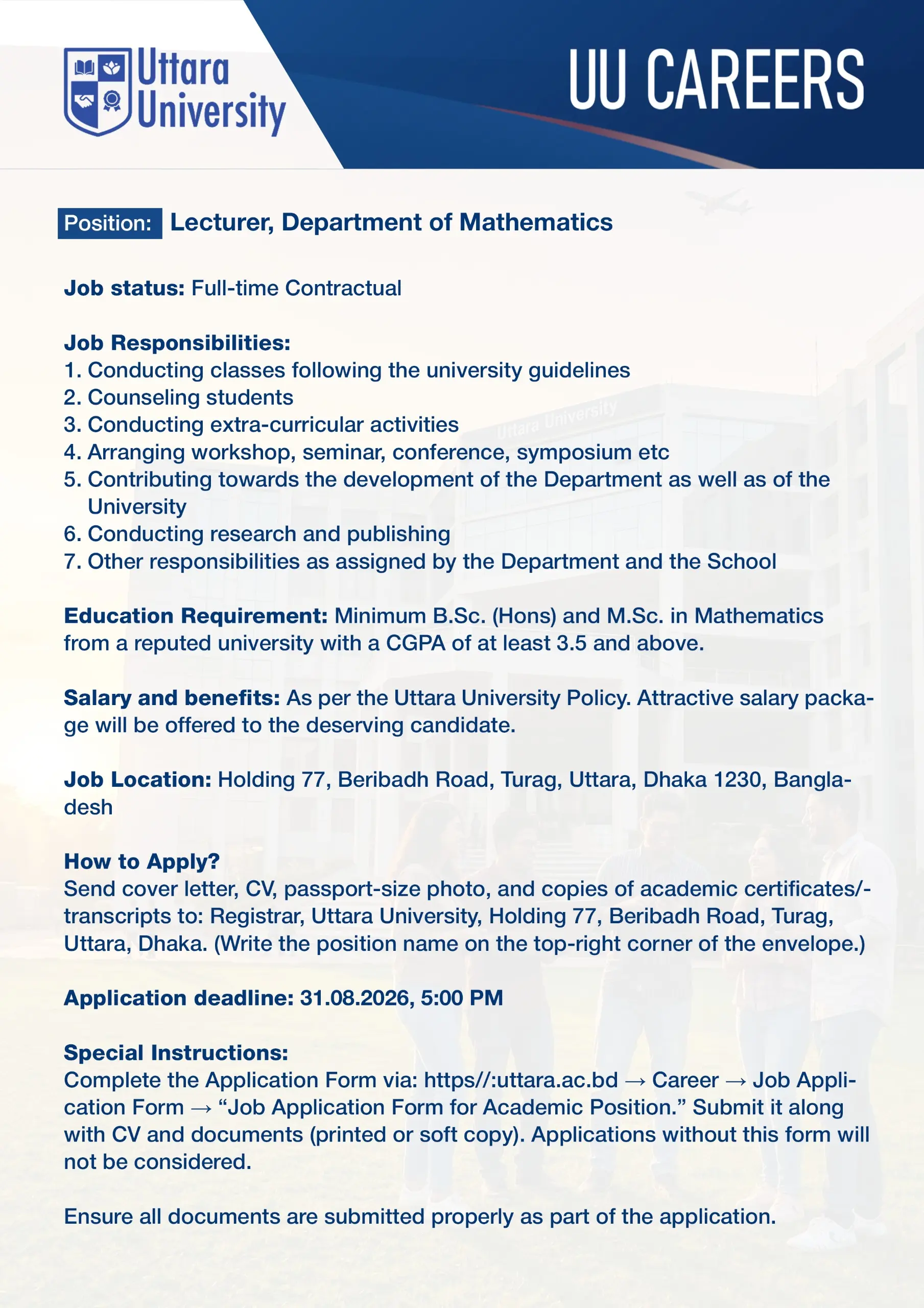 Lecturer, Department of Mathematics