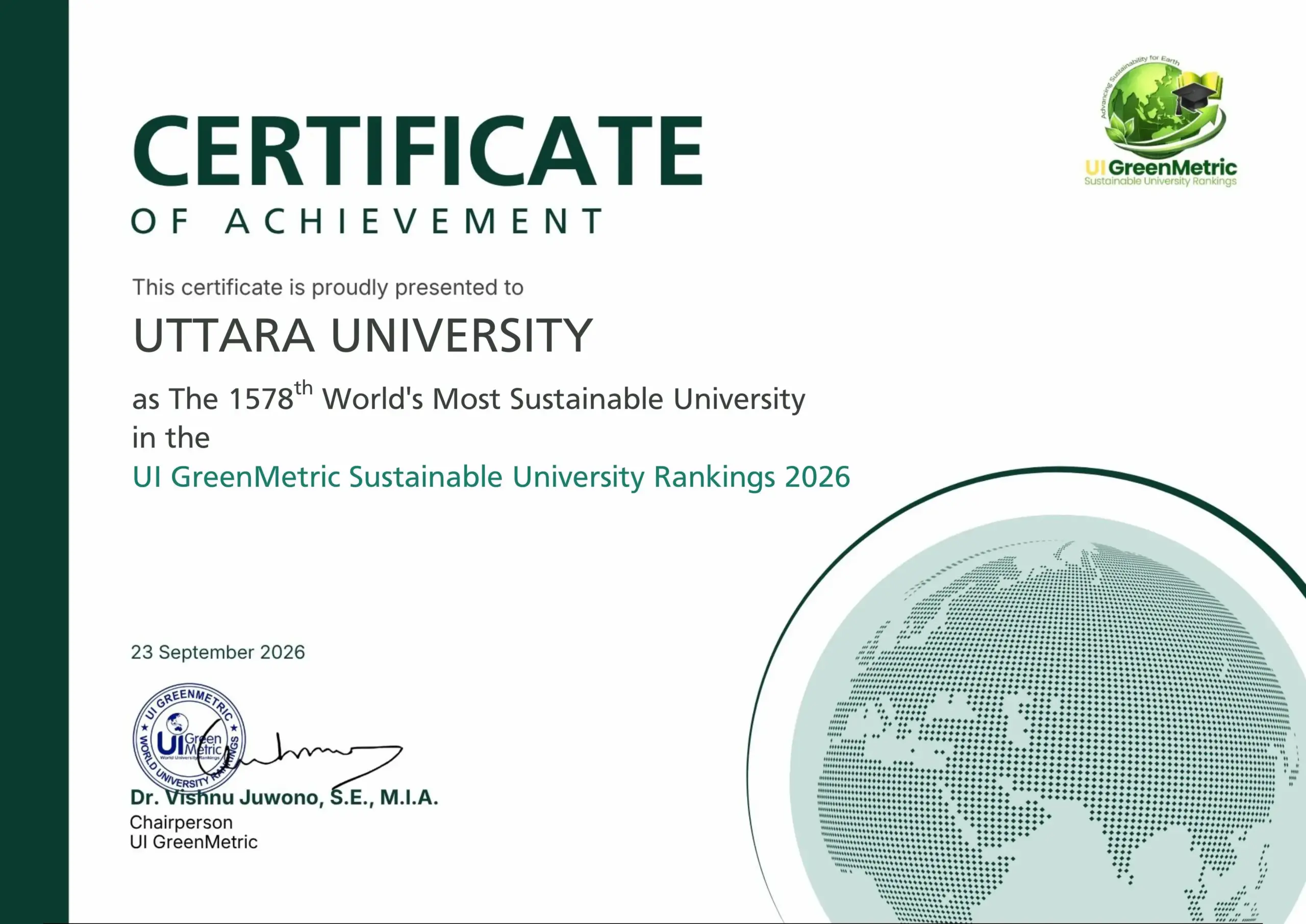 UI GreenMetric World University Rankings 2026 Uttara University Certificate